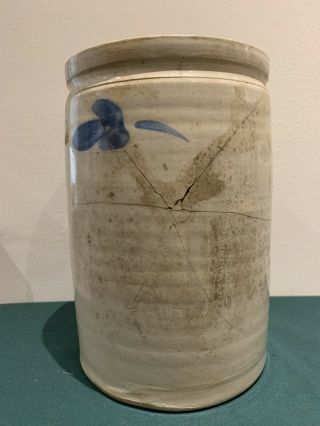 Vintage Antique Stoneware Pottery Crock W/ Blue Flowers 9 7/8 "