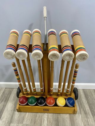 Vintage Forster 6 Player Croquet Set With Wheeled Storage Rack