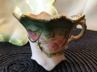 Vintage Footed Teacup & Saucer Set Green With Pink Roses And Scalloped Edges