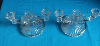 Vintage Pair Clear Glass,  3 Arm Candle Holders 5 " High/ 8 " Wide