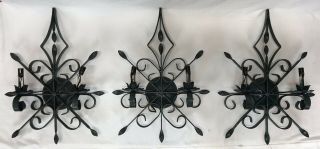 Set Of 3 Vintage Spanish Revival Wrought Iron Double Light Wall Sconces