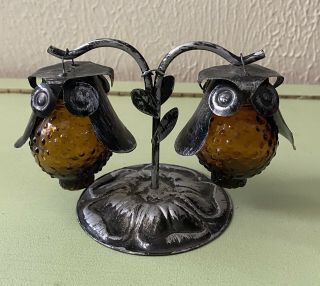 Vintage Salt Pepper Shakers Set Hanging Owl Hobnail Amber Glass Tin Tree Inv96