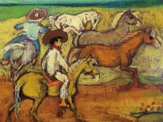 Vintage California Artist Oil Painting Signed Carlos Lopez - Ruiz Cowboys Horses