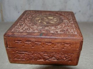 Vintage Hand Carved Wooden Box Inlay From India 5 " X5 " X 2 1/2 " Lid W Broken Hinge