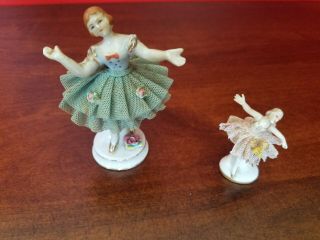 Vintage Set Of 2 Ceramic Art Deco Dancer Figurines W Lace Dress L & M & ?