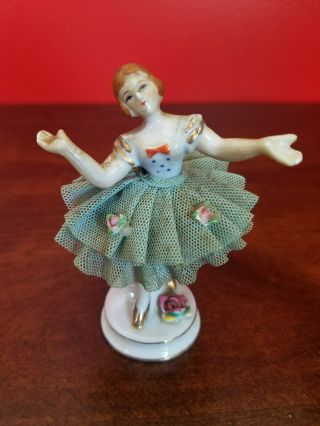 Vintage Set of 2 Ceramic Art Deco Dancer Figurines w Lace Dress L & M & ? 2