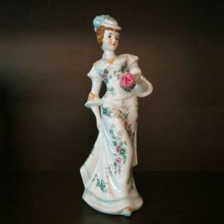 Vintage Porcelain Victorian Lady Figurine Flowered Dress Roses