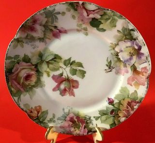 ANTIQUE J & C LOUISE PLATE HAND PAINTED PINK ROSES GREEN LEAVES 8 3/4 