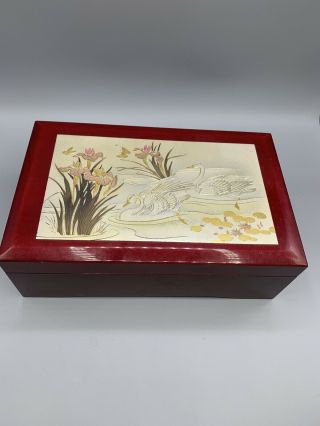 Vintage Westland Lacquered Jewelry Box With Swans - Plays Music