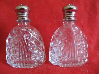 Vintage Cut Glass Salt & Pepper Shakers Estate Silver Tops