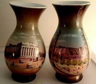 Antique Greek Art Pottery Porcelain Hand Painted Vase Acropolis Parthenon Athens
