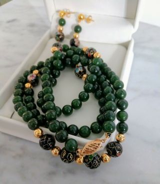 Vintage Estate 14k Gold Jade Jadite Bead Necklace 26 " Cloisonne Accent Beads