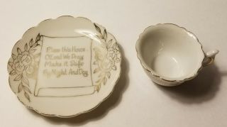 Vintage Miniature Tea Cup and Saucer BLESS OUR HOME Gold Accents Mini Set 2