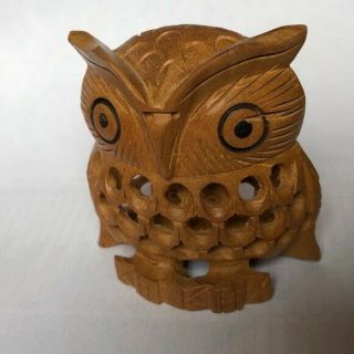 Wood Hand Carved Owl With Baby Owl Inside Small Decor One Piece