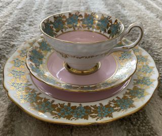 Vintage Grosvenor Turquoise Pink Gold England 3 Piece Cup Saucer Plate Trio Set
