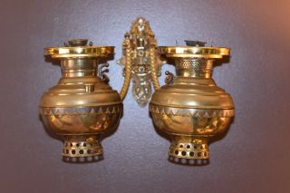 Antique Vintage Miller Juno No 2 Brass Oil Lamps W/ Brackets And Wall Mount