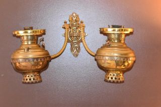 Antique Vintage Miller Juno No 2 brass oil lamps w/ brackets and wall mount 2