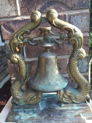 Vintage Heavy Brass Bell W/ Sea Serpents Nautical 11 " Tall X 10 1/4 " Wide.  Navy?