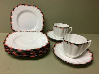 Rare Antique Art Deco Melba Bone China Set 2 - Cups W/saucers & 6 - Dessert Plates
