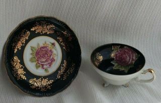 Royal Halsey 3 Footed Tea Cup & Saucer China Black Pink Roses Gold Lusterware