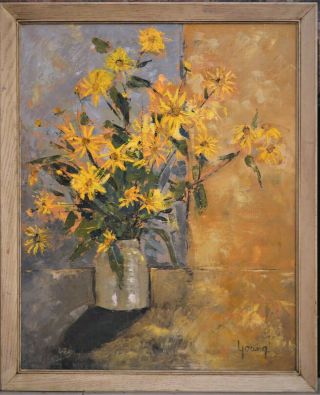 Vintage Oil Painting Yellow Flowers In Vase Framed