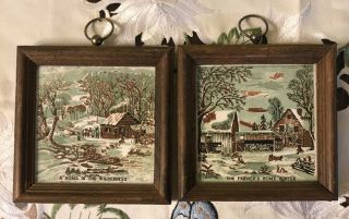 Currier & Ives A Home In The Wilderness & The Farmer’s Home Winter Framed Tiles