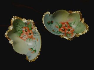 Antique Poppy Flowers Hand Painted Small Nut Bowls Pair Orange Perfect