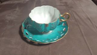 Royal Halsey Japan Footed Cup And Saucer Teal Blue Saucer Heart Shaped Cut - Outs