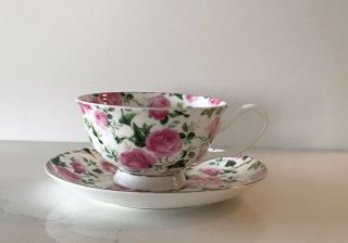 Porcelain White/pink Floral Rose Tea Cup Saucer Set With Golden - Color Edge