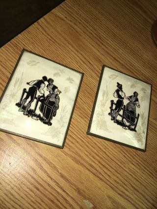 Vintage Silhouette Reverse Paintings Courting Couple At Fence Convex