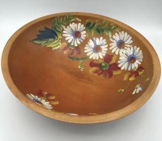 Vintage Wooden Ball 3 Footed Bowl Hand - Painted Flowers 11” W X 4” T