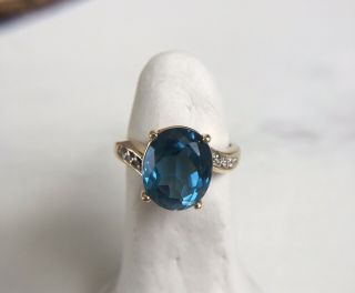Vintage 14k Blue Topaz Diamond Solitaire Ring Solid 14 Karat Yellow Gold Estate