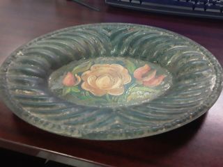 Vintage Antique Hand Painted Tole Metal Bakery Plate Flowers Cover Advertising