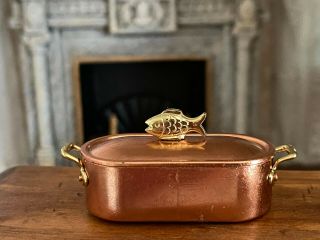 Vintage Miniature Dollhouse Bodo Hennig Copper Fish Lidded Roasting Pan Handles