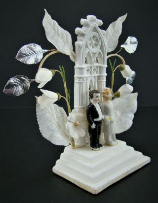 1920s Bisque Flapper Bride and Groom Wedding Cake Topper with GOTHIC ARCH 3
