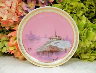 Antique French Vieux Old Paris Porcelain Shallow Bowl Pink Gold Winter