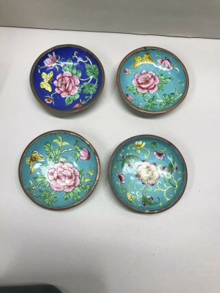 Antique Chinese Cloisonne Salt Cellars Or Dipping Bowls Set Of 4