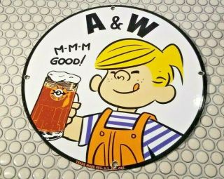 Vintage A & W Porcelain Dennis The Menace Mug Root Beer Coca Cola Beverage Sign