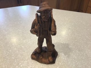 Vintage Hand Carved Wooden Old Man Lumberjack Figurine With Ax & Saw