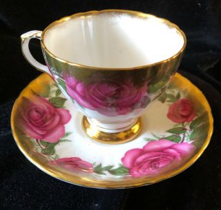 Lovely Royal Grafton Cup And Saucer With Red Roses Set To A Gold Background