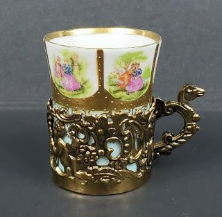 Vintage Arnart Porcelain Demitasse Cup & Metal Holder Moriage Romantic Scenes