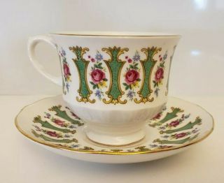Queen Anne Teacup & Saucer - Pink Roses/green Panels M 143
