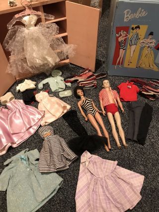 Vintage 1961 Bubble Cut Barbie & Ken Doll 2 Cases & Clothes Owner