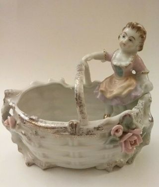 Antique Porcelain Figurine,  Trinket Jar,  Hand Painted Gold Lustre Trim,  Germany