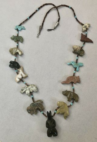 Vintage Navajo Indian Carved Stone Fetish Necklace All Different 15 Animals
