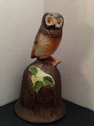 Vintage Porcelain Bell Brown Owl Bell With Flower - 4.  5 " Tall - 68