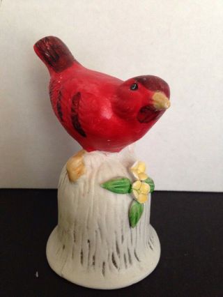 Vintage White Porcelain Bell With Red Cardinal Bird And Flowers 4.  25 " Tall - 2