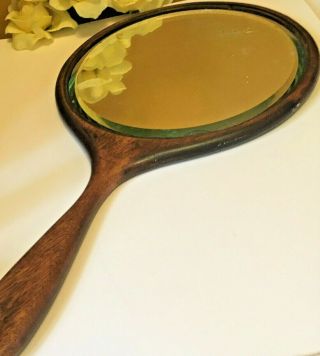 Vintage Wooden Handheld Vanity Make Up Mirror With Beveled Round Glass 14 " X 8 "