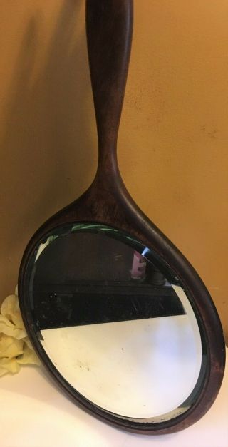 Vintage Wooden Handheld Vanity Make up Mirror with Beveled Round Glass 14 