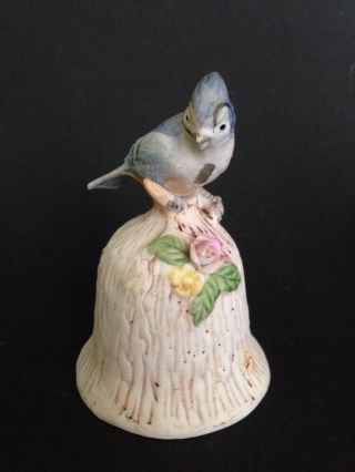 Vintage White Porcelain Bell With Blue Jay Bird And Flowers 4 " Tall - 11